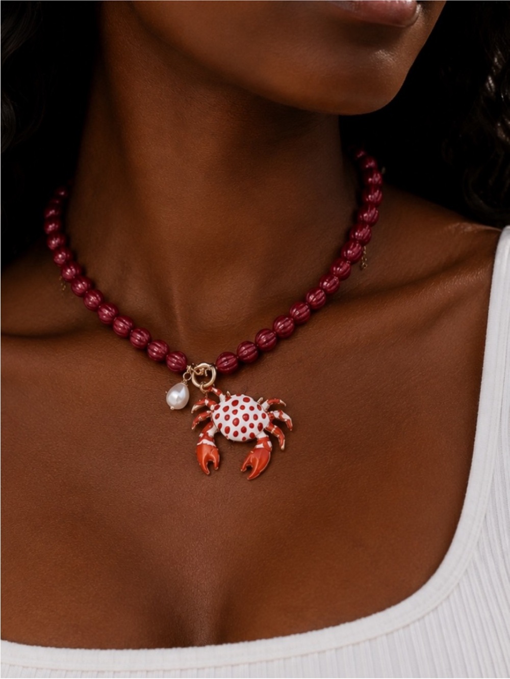 New! Coastal Red Beaded Crab Dopamine Necklace NWOT 3022